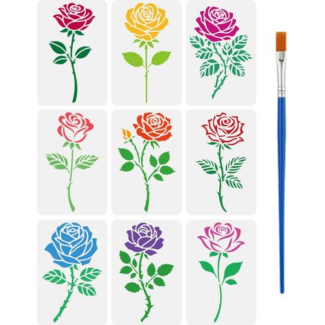 9 Pièces Pochoirs de Roses avec un Pinceau 29,7x21cm 9 Styles Pochoirs de Peinture de Roses Simples Réutilisable Pochoir de Fleur PET Thèmes de Plantes pour Bois Sol Carrelage Mur DIY (1/5)