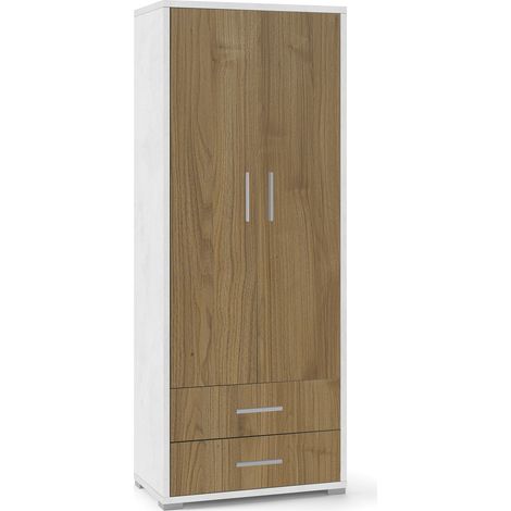 Armadio 2 Ante 2 Cassetti 71x182x41 cm Ossido Bianco/Noce Stelvio (1/3)