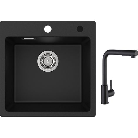 Cecipa Evier 1 Bac en Quartz et Résine 45x45cm Evier de Cuisine Evier à Encastrer 1 cuve + Noir Mitigeur de Cuisine avec Douchette Extractible 2 Modes de pulvérisat (1/5)