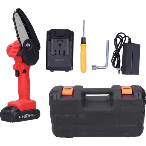 Tronçonneuse à bois 21V rouge, 5 cellules HiLDA, batterie et chargeur inclus, livrée en carton et boîte plastique, norme US 100-240VAC. (1/5)