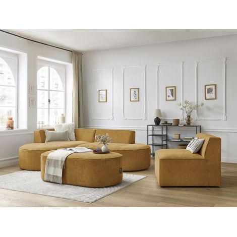 BOBOCHIC - Canapé d'angle fixe modulable ROUSSEAU tissu texturé avec 1 chauffeuse et 1 pouf Angle gauche Jaune (1/5)