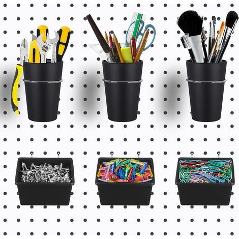 Lot de 6 bacs en panneau perforé avec crochets, assortiment de crochets pour panneau perforé, crochets pour porte-gobelet pour organiser les accessoires, le rangement, le bureau, l'atelier, le garage, (1/5)