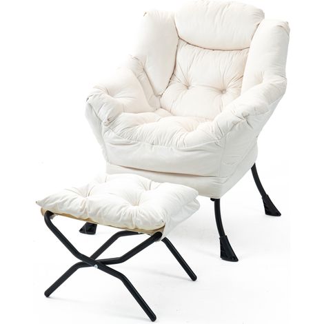 Sillón relax con reposapiés plegable y bolsillo lateral metal blanco roto HOMVRA (1/4)