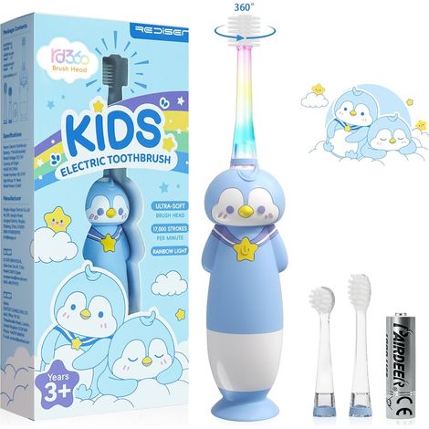 Brosse à dents électrique pour enfant de 1 à 6 ans, Brosse a dent bebe sonique avec lumière LED colorée, 3 têtes de rechange souples, minuteur intelligent, IPX7 étanche, 1 pile AAA (Bleu pingouin) (1/5)