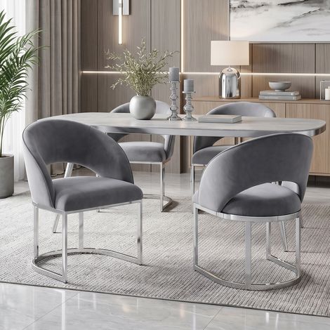 4 sedie da pranzo, comode e traspiranti, adatte per ristoranti, soggiorni, caffè e altri luoghi, stile moderno, gambe della sedia argentate, tessuto in velluto, grigio + argento (1/5)
