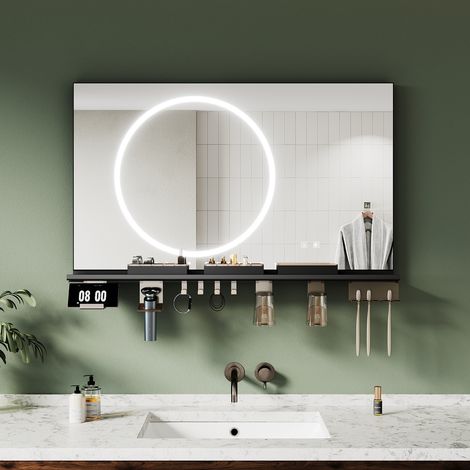 ELEGANT Anti-Fog Bathroom LED Mirrors with Storage Shelf, Dimmable 3 Colour Lighting, Stylish Black Frame, 1000x600mm
