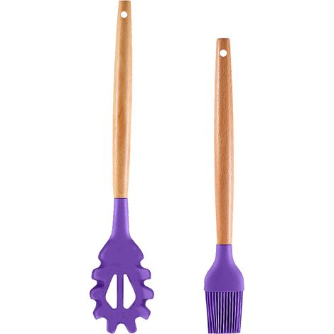 Ensemble Ustensiles Cuisine - Silicone Et Acier Inoxydable - Manche En Bois Massif - Résistant Chaleur - Lot De 2 Pièces (1/5)