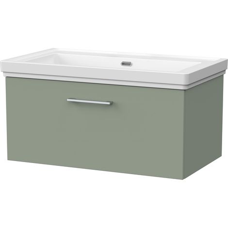 Pershall Contemporary Wall Hung 1 Drawer Vanity Unit with Traditional 0 Tap Hole Fireclay Basin, 800mm, Reed Green