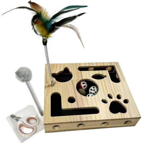 Kratz- und Beschäftigungsbox für Katzen, Krallenpflegebox aus Massivholz, stressfreie Alternative zu Krallenschneidern, mit Schleifpapier innen, 2 Schüttelspielzeugen und 4 Bällen (1/5)