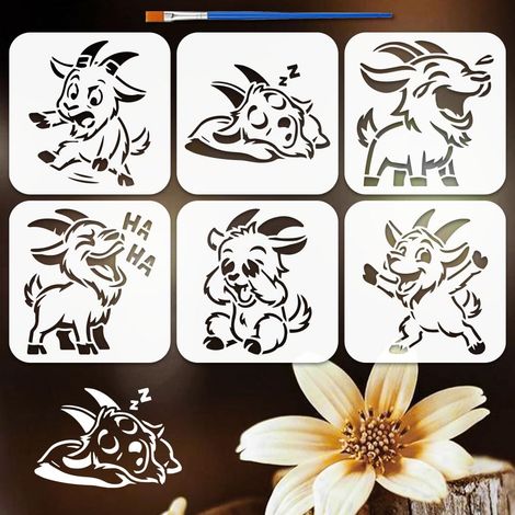 6 Pcs Pochoirs Chèvre Drôles Avec 1 Pinceau 15x15cm Pochoir Chèvre Rieuse Pochoir Mignon Chèvres Motif Chèvres Template Animaux pour Peinture sur Bois Mur Meuble Déco Maison DIY (1/5)