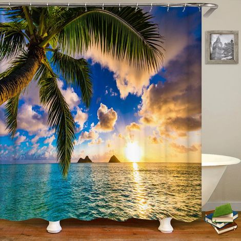 Rideau de douche 3D motif plage, rideau de salle de bain mer Méditerranée, tissu imperméable, dimensions : 180 cm x 240 cm.