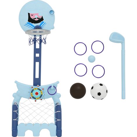 Panier de basket bleu 4 en 1 avec support pour golf et foot, hauteur réglable pour enfant dès 3 ans 58x56x154 cm, jeu extérieur design sobre pour jardin pratique et évolutif