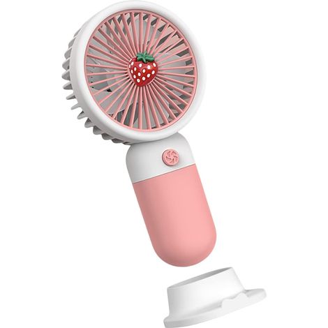 Mini ventilateur de bureau rechargeable, portable et mignon (style kawaii), avec support pour téléphone et motif fraise (idéal pour les femmes et les filles, parfait pour les dortoirs). (1/4)