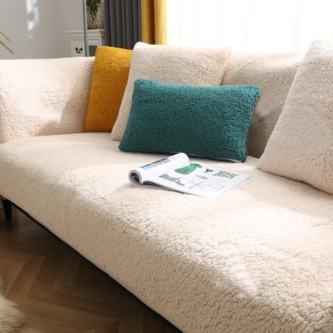 Thick L-Shaped Sofa Cover for 1/2/3/4 Seater Sofas, Protective Sofa Cover, Universal Non-Slip Faux Fur Sofa Cover for Living Room (Sherpa Beige, 45 45cm) (1/5)