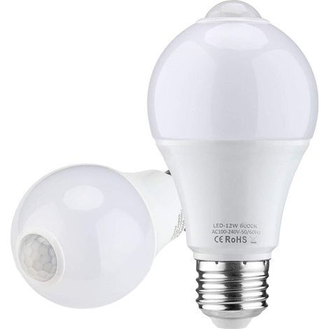 Bewegungsmelder-Glühbirne, E27 12W Warmweiß 3000k LED-Glühbirne mit automatischem Ein-/Ausschalter und Bewegungsmelder für Garage, Flur und Garten (2er-Pack) [Energiestufe] (1/5)