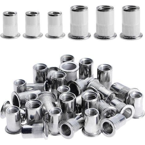 100 Pièces Rivet Ecrou M6 M8, Écrous à Rivets en Acier Inox, Tête Plate Ecrou Insert Assortiment Kit pour Bois Meubles, Ecrou M6 Ecrou M8, Chaque Taille 50 Pièces (1/5)