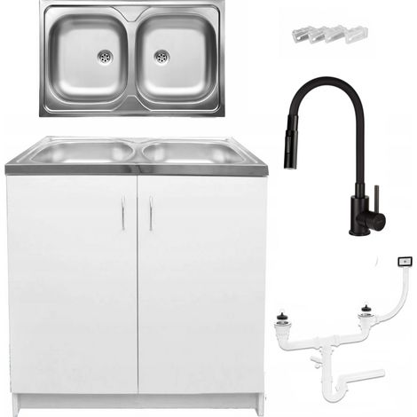 STAMAR  Küchenunterschrank mit Spüle 2 Kammern - 80 x 50 cm - Weiß - Flexibler Wasserhahn 2in1 - Praktisch und Elegant
