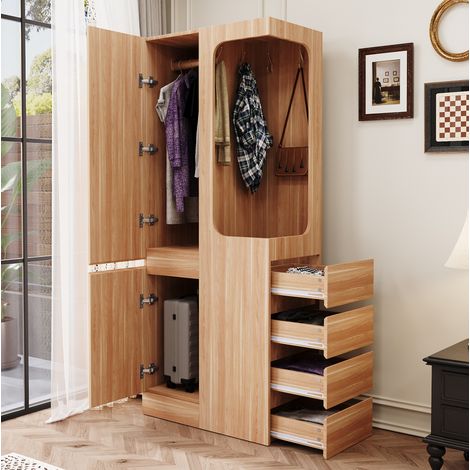 Kleiderschrank 70x40x170 cm Naturholz aus Holz mit 4 Schubladen und offenem Hängebereich (1/5)