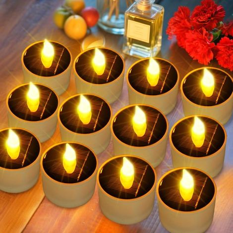 Bougies solaires chauffe-plat étanches pour extérieur - Lot de 12 pièces sans flamme, à effet scintillant, réutilisables, LED jaune (1/5)