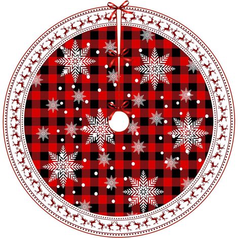 Jupe de sapin de Noël - Décoration de sapin de Noël flocon de neige blanc - Jupe de sapin à carreaux rouges et noirs - 75 cm (1/5)