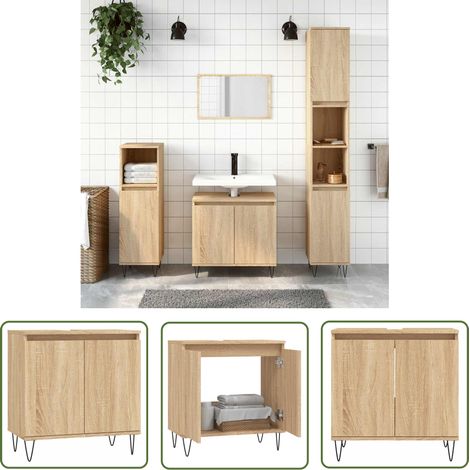 The Living Store Armoire de bain chêne sonoma 58x33x60 cm bois d'ingénierie - Meuble De Salle De Bain - Armoire De Salle De Bain - Rangement Salle De Bain - Commode Salle De Bain - Design Industriel (1/5)