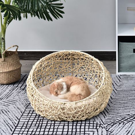 Grotte pour chat en rotin, lit pour chat, maison pour chat avec coussin, tente pour chat, niche pour chats et chiens, beige, Ø56 x 35 cm (1/5)