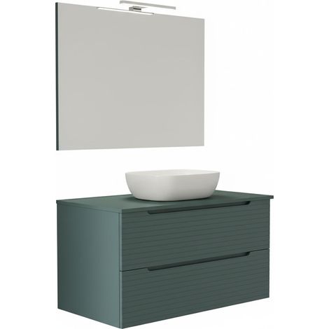 Kibath Mueble de baño con Lavabo, Espejo y Aplique LED BOREAL 100x45 cm acabado Azul Oceano mate 2 cajones suspendido