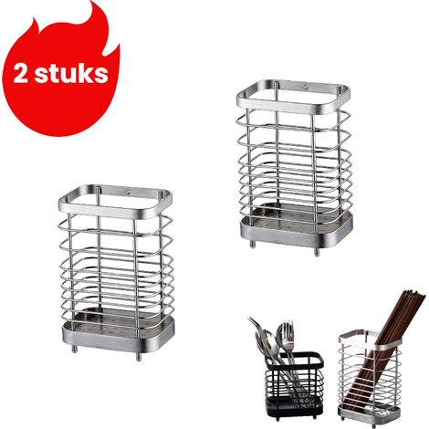 Porte-couverts 2 pièces en acier inoxydable - Porte-baguettes épais - Boîte de rangement pour couverts - Étagère à couverts de cuisine - Grand modèle - Argenté (1/5)