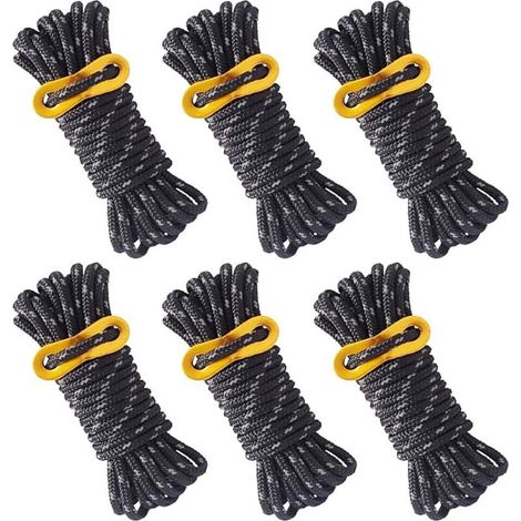 Corde de tente réfléchissante 4 m × 5 mm, noir, lot de 6 avec tendeur réglable pour camping et abris extérieurs (1/5)
