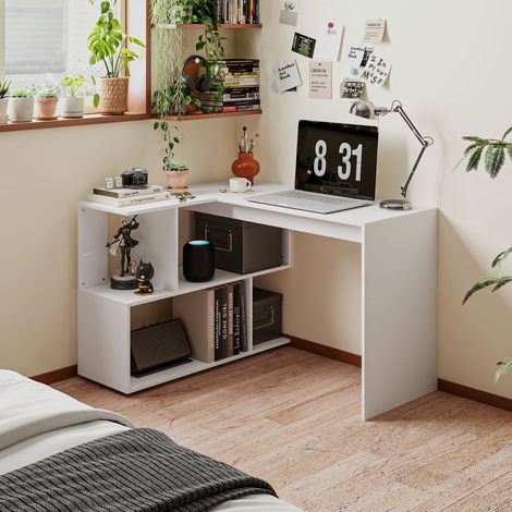 Bureau d'angle moderne avec 4 étagères en bois blanc, 120 x 100 x 77 cm (1/5)