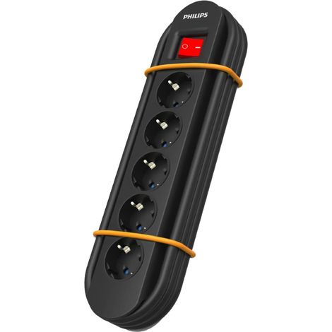 Philips SPN5050BA/39 - Multipresa a 5 prese Schuko per esterni e officine, anello magnetico per Superfícies Metallici, Protezione Sovratensioni, Cavo 2 Metri, Interruttore, Gestione cavi