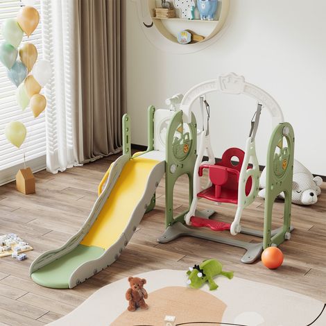 6-in-1-Kinderrutsche mit Piratenschiffrutsche, Schaukel, Ballturnhalle, Teleskop, Rutsche und Basketballkorb, geeignet für Kinder von 3–8 Jahren, Grün (1/5)