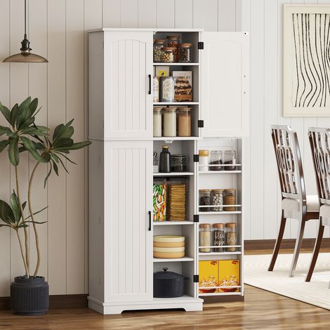 Buffet haut cuisine, armoire de cuisine, 4 portes, 10 niches, 8 porte-épices et étagères réglables, 60x35x162cm, blanc