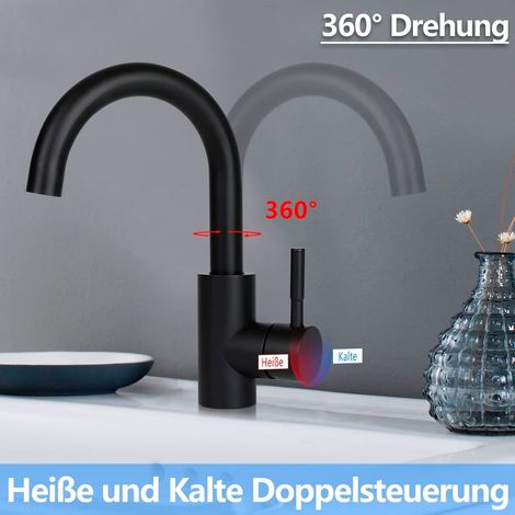 GBLY Wasserhahn Bad Waschtischarmatur Waschbecken - Armatur Schwarz Warm- und Kaltwasserhahn 360° Drehbar Hochdruck Edelstahl Mischbatterie Badarmatur, Für Badezimmer WC Spül Küche