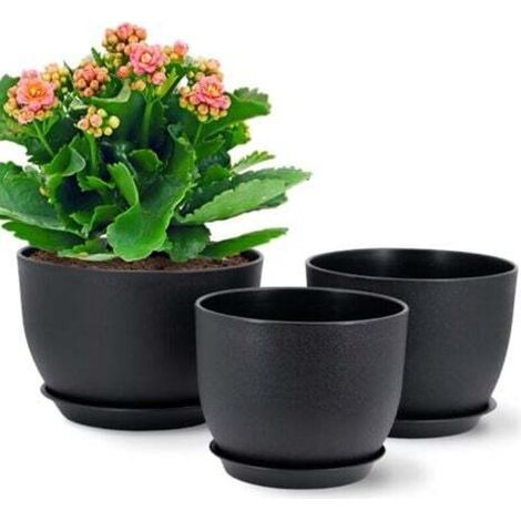 Set di 3 vasi da fiori in plastica (18/16/14 cm), fioriere moderne con fori di drenaggio e sottovaso removibile, nere.