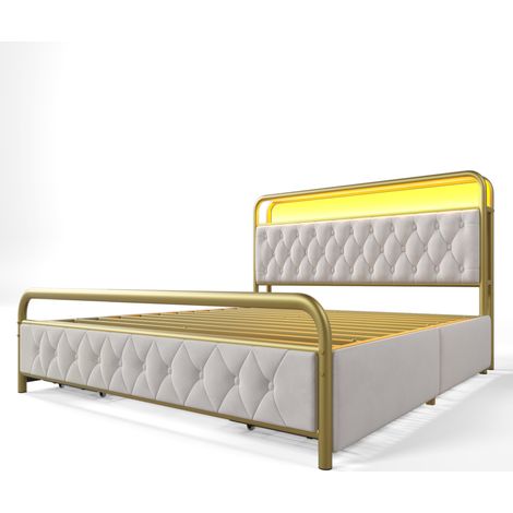 Cama de metal de 180 x 200 cm, cabecero multifuncional con LED blanco, carga USB tipo C integrada y 4 cajones, ideal para adolescentes y adultos (colchón no incluido). (1/5)