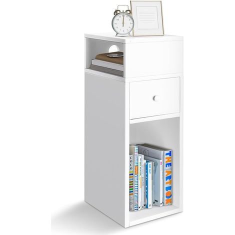 VOUNOT® Nachttisch Schmal, Beistelltisch mit 2 offenem Fach & 1 Schublade, 25x30x66cm Weiß (1/5)