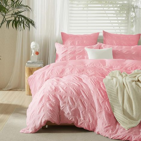 Housse de Couette 220x240cm Rose Gaufré Carreaux Structuré Parure de lit 2 Personnes Adulte Set de Housse Couette en Doux Microfibre avec 2 Taie d'oreiller 65x65 avec Fermeture Éclair (1/5)