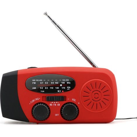 Radio d'urgence portable avec manivelle, batterie et lampe extérieure, idéale pour la survie en milieu naturel, rouge
