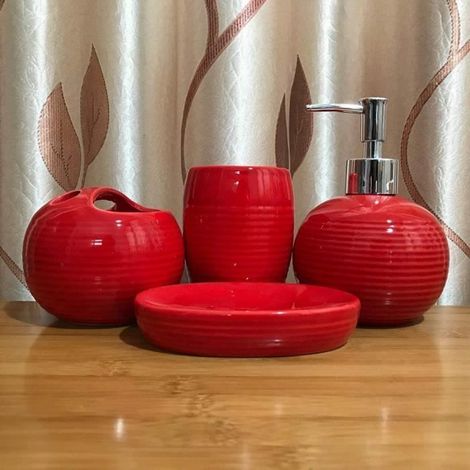 4pcs accessoires de salle de bain en céramique - Porte-brosse à dents, gobelet, porte-savon, distributeur de pompe - Rouge (1/4)