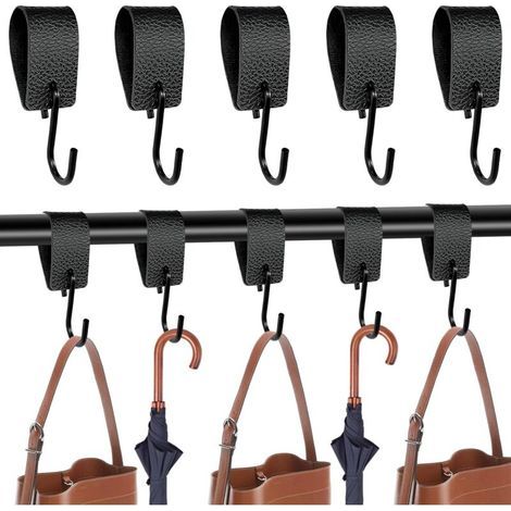 Lot de 10 crochets en S noirs avec boucle en cuir, crochets pour manteaux, crochets de boucher, crochets en S en cuir pour tringle à vêtements, 12,5 x 3 cm, crochets en métal, crochets en S pour cuisi (1/5)