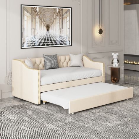 Lit gigogne 90/180x200 cm Canapé-lit extensible avec sommier à lattes - Design capitonné et rivets décoratifs - Lin - Beige