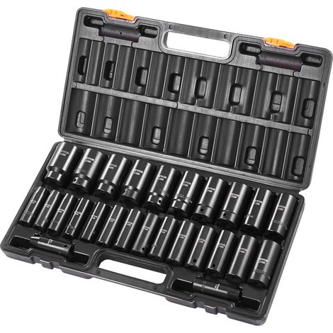 VEVOR Juego de vasos de impacto de 1/2", 26 piezas, vasos de impacto metricos de 10-36 mm de profundidad, acero de aleación Cr-V de 6 puntos, con estuche de transporte, para reparación de automóviles