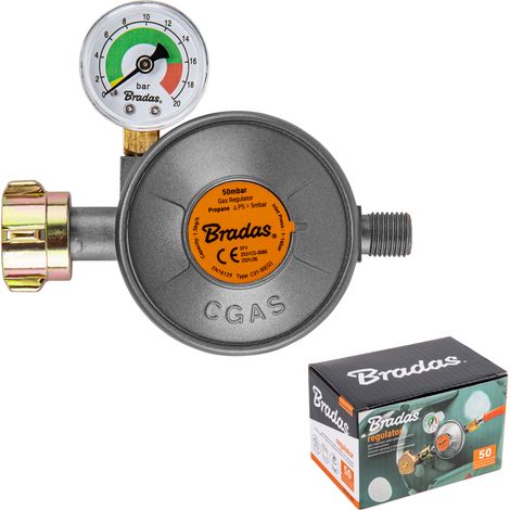 BRADAS REDUKTOR GAZOWY Z MANOMETREM I ZAWOREM BEZPIECZEŃSTWA EFV 50 mbar 1,5 kg/h G1/4 -LH  PUDEŁKO