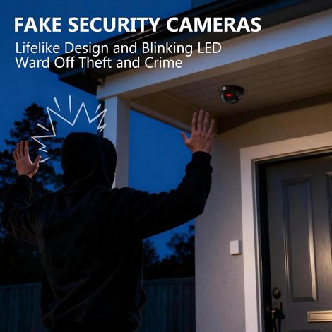 Lot de 2 fausses caméras de sécurité dôme CCTV avec voyant LED rouge clignotant, modèle noir, caméra factice dissuasive. (1/4)