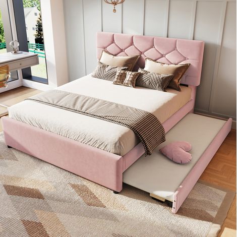 Bett minimalistisch 140x200 cm aus Samt in Rosa mit Kopfteil, Lattenrost und Ausziehbett 90x190 cm (1/5)