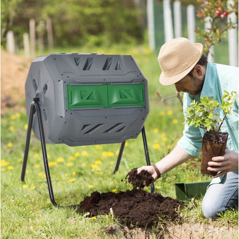 Compostador de tambor 160 L con 2 cámaras, giratorio 360°, gris HAVRYA (1/5)