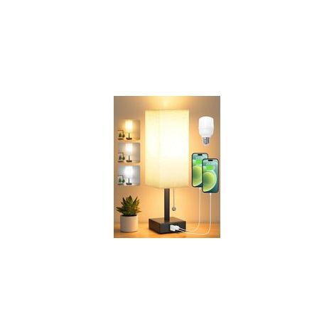 Lampe de chevet 3 modes de couleur (2700/3500/5000K) avec port de charge USB A+C Ampoule LED Interrupteur à chaîne Lampe de table pour chambre à coucher Salon Bureau Chambre d'enfants Hôtel