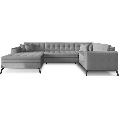 Canapé panoramique convertible BONTY tissu matelassé A gauche-Gris clair chiné-Méridienne A gauche (1/5)