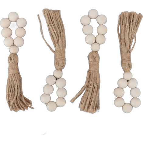Rond de serviette décoratif élégant en perles de bois avec pompons, idéal pour les fêtes, les mariages et la maison (lot de 4). (1/5)